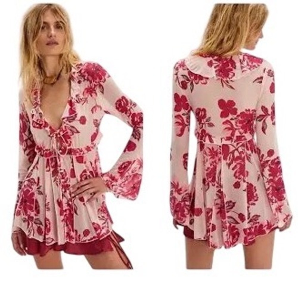 Free People Wildest Dreams Floral Mesh Top Women S Pink Boho Ruffle Tie Babydoll